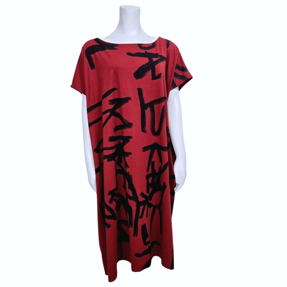 Moyuru Dress Size L Red Black Abstract Brushstroke Japan Midi Pockets Lagenlook